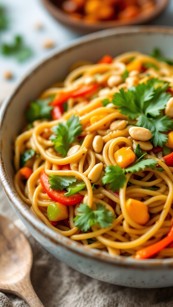 A bowl of Thai Peanut Noodle Stir-Fry with colorful vegetables and peanuts.