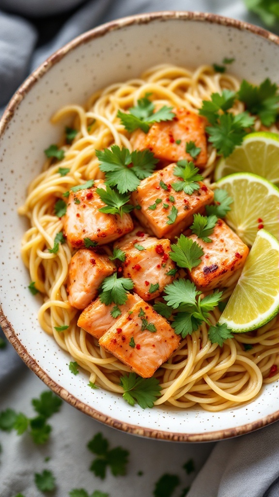 A bowl of salmon pasta with coconut milk and fresh herbs.