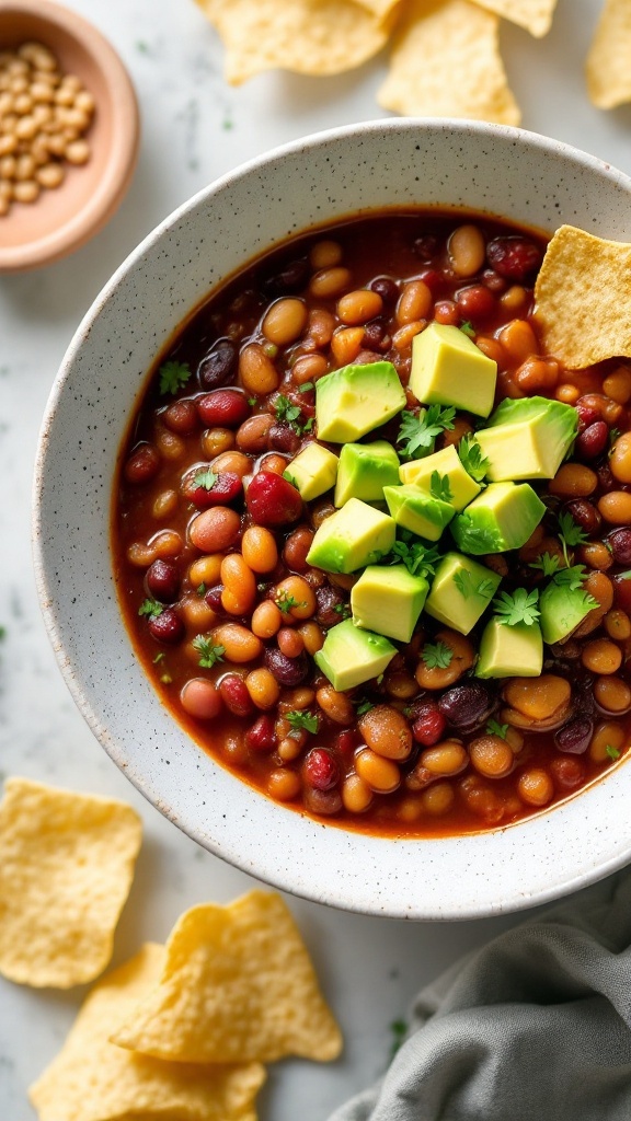 A bowl of three-bean chili topped with avocado and served with tortilla chips.
