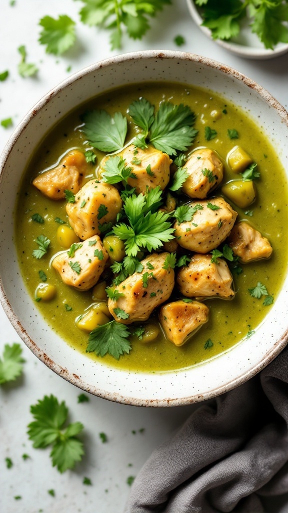 A bowl of tomatillo chicken stew garnished with fresh herbs.