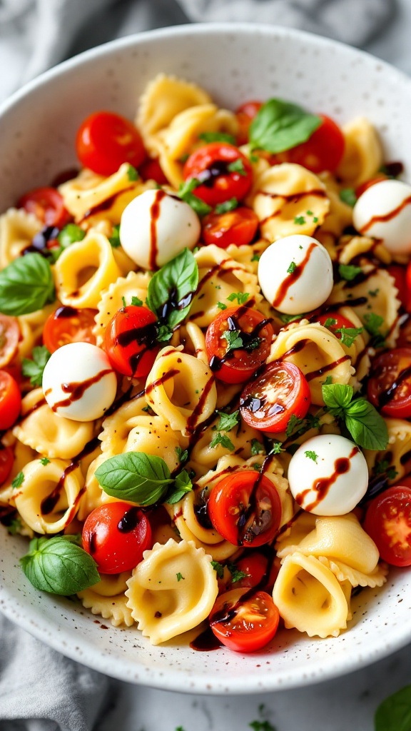 A vibrant Tortellini Caprese Pasta Salad with tortellini, cherry tomatoes, mozzarella, and basil.