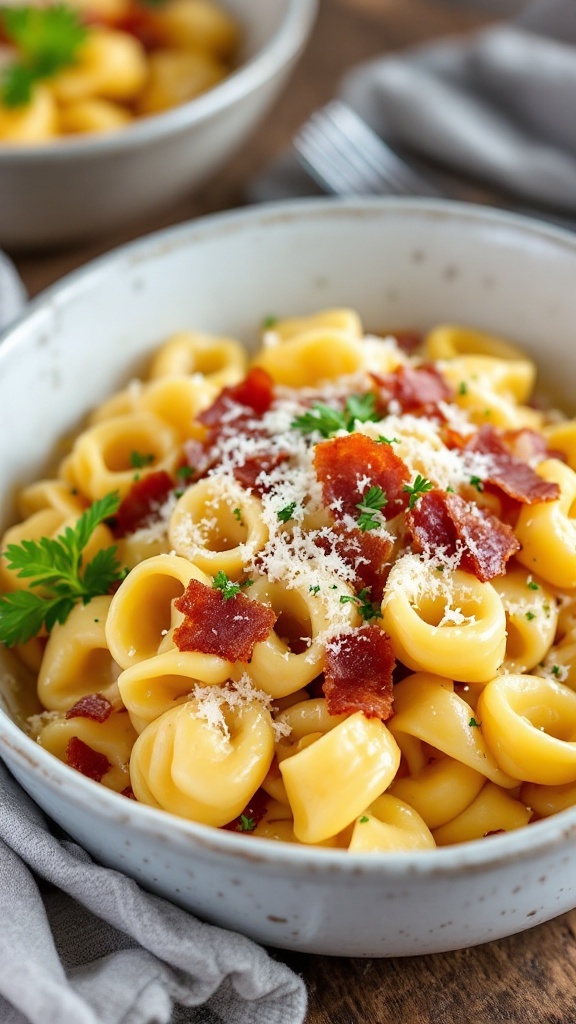 A bowl of Tortellini Carbonara topped with crispy bacon and Parmesan cheese