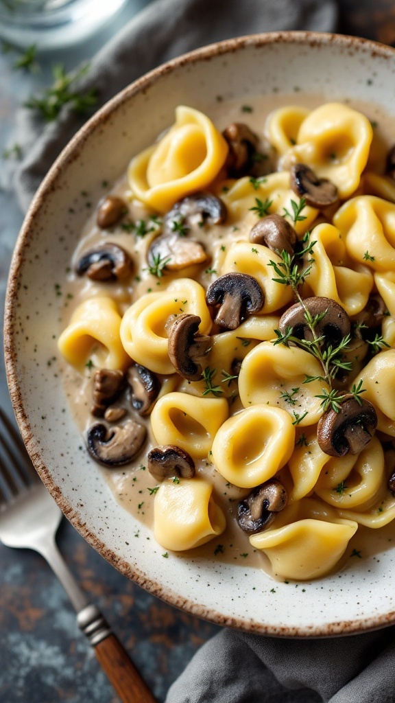 A bowl of tortellini served in a creamy mushroom sauce, garnished with thyme.