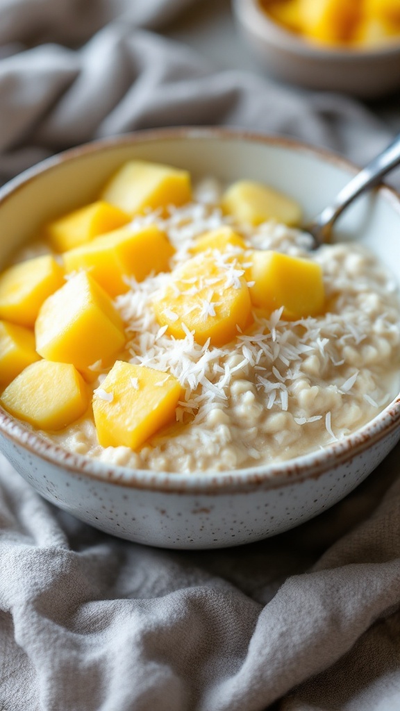 A bowl of tropical cottage cheese oats topped with mango and coconut.
