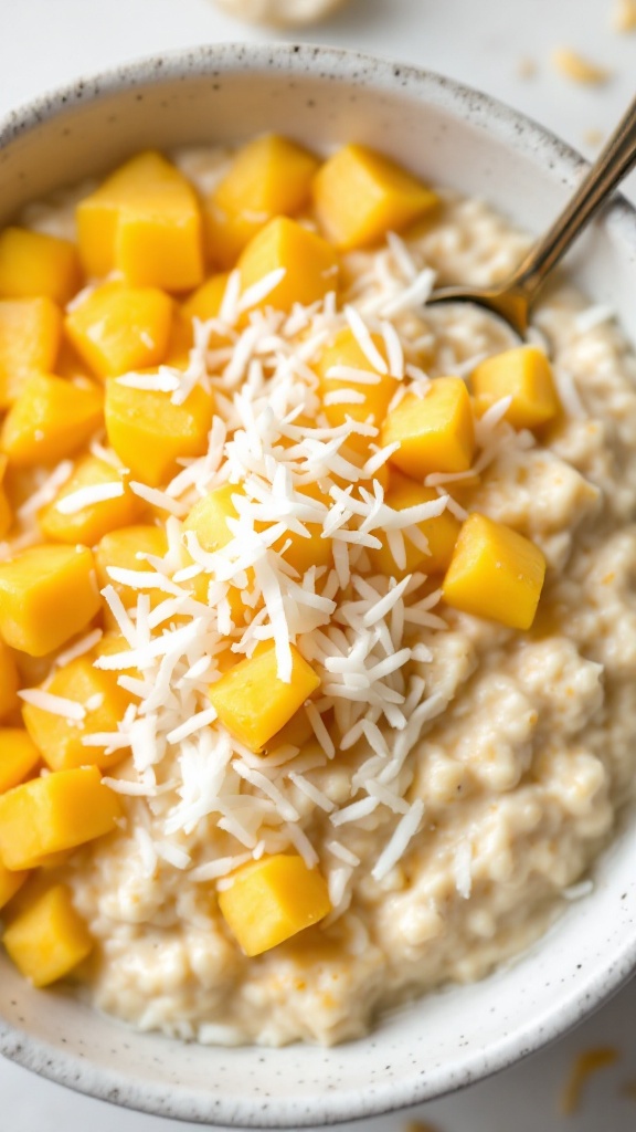 Bowl of tropical mango coconut overnight oats topped with diced mango and shredded coconut.