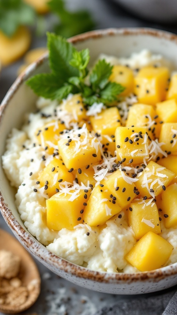 A colorful tropical cottage cheese breakfast bowl topped with pineapple, coconut, and chia seeds.