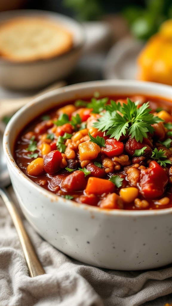 A bowl of Turkey Chili with Roasted Peppers garnished with cilantro.