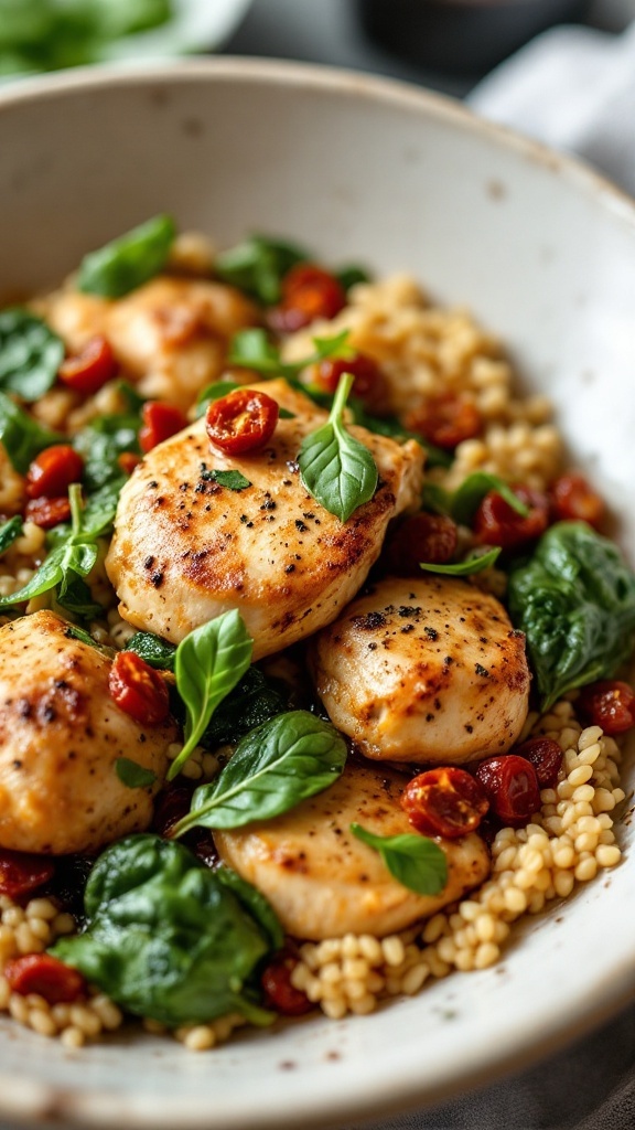 A delicious serving of Tuscan Chicken with Spinach featuring chicken thighs, fresh spinach, and sun-dried tomatoes.