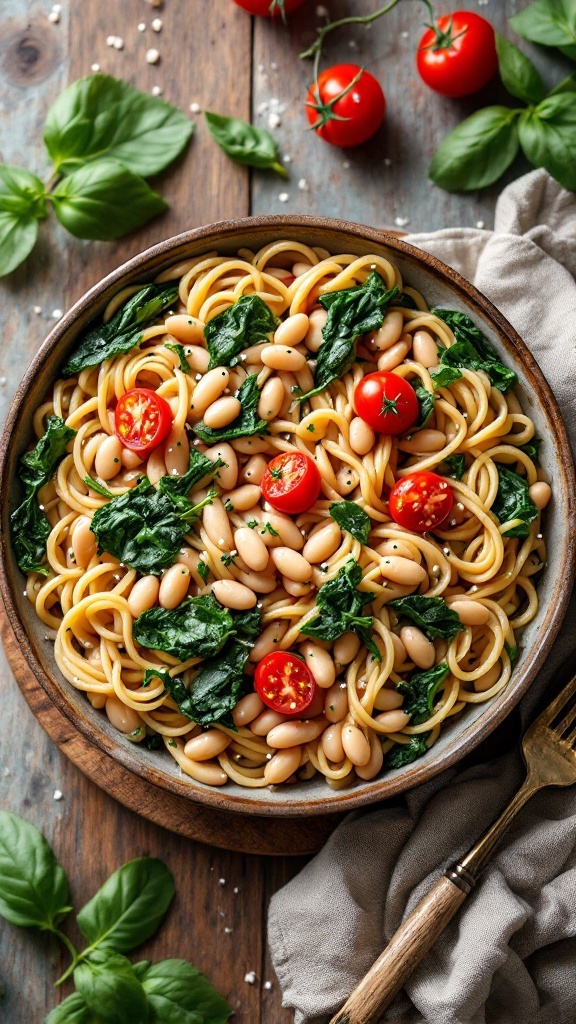 A bowl of Tuscan White Bean Pasta with spinach and cherry tomatoes.