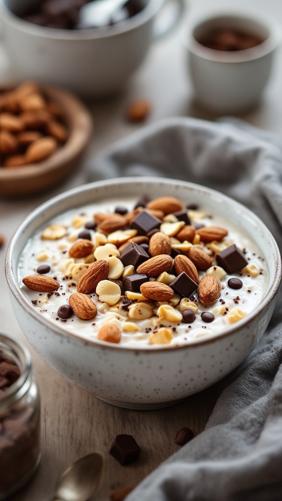 A bowl of vanilla almond joy oats topped with almonds and chocolate chips.