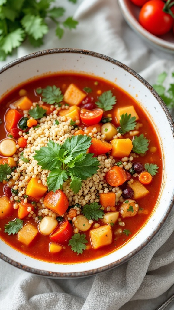 A bowl of colorful vegetable and quinoa minestrone soup garnished with fresh basil.