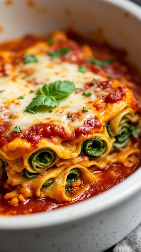 A serving of vegetable lasagna in a slow cooker with layers of noodles, cheese, and vegetables.