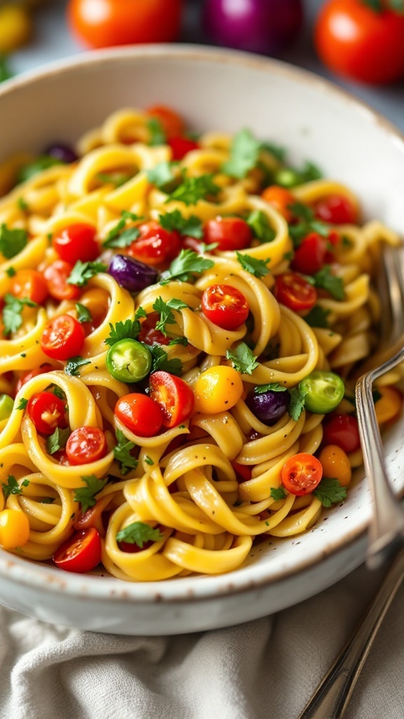 A colorful bowl of vegetable primavera pasta with vibrant vegetables.