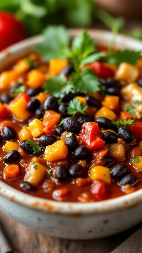 A bowl of vibrant vegetarian chili with black beans, corn, and colorful vegetables garnished with cilantro.