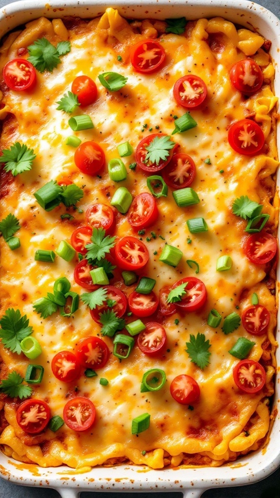 Vegetarian Enchilada Casserole with cheese, tomatoes, and herbs