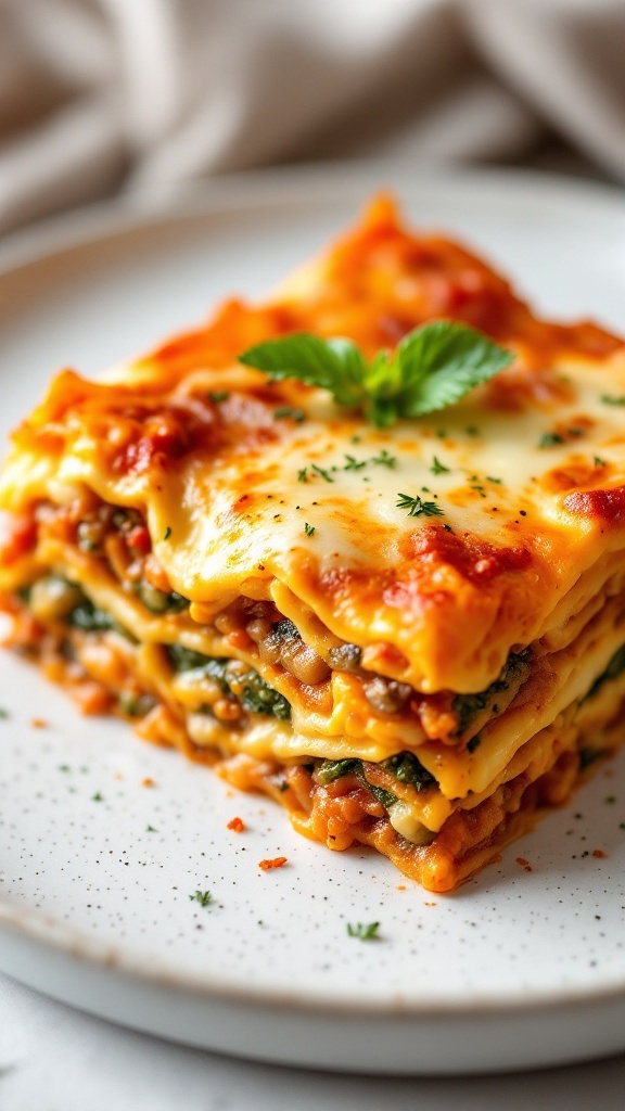 A slice of vegetarian lasagna layered with roasted vegetables, cheese, and garnished with herbs on a white plate.