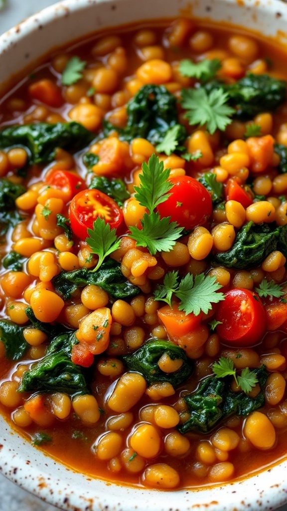 Bowl of vegetarian lentil stew with spinach, tomatoes, and garnished with cilantro.