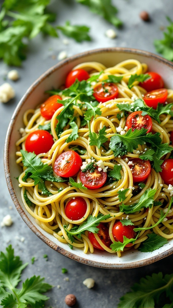 Delicious vegetarian pesto pasta with cherry tomatoes and greens