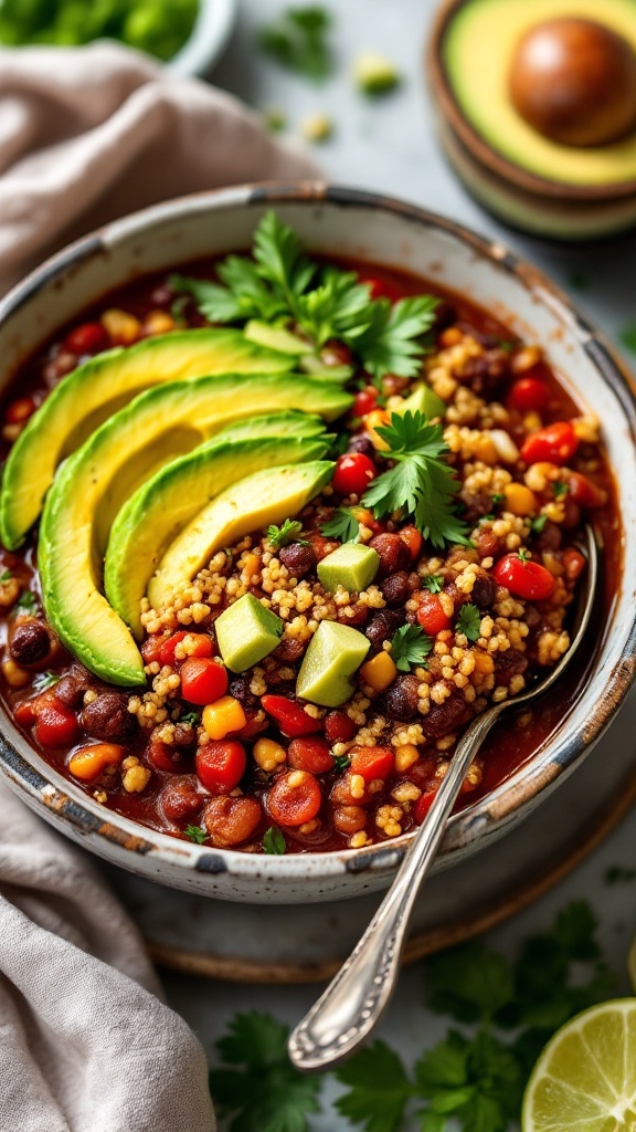 A bowl of vibrant vegetarian quinoa chili topped with avocado slices and fresh cilantro.