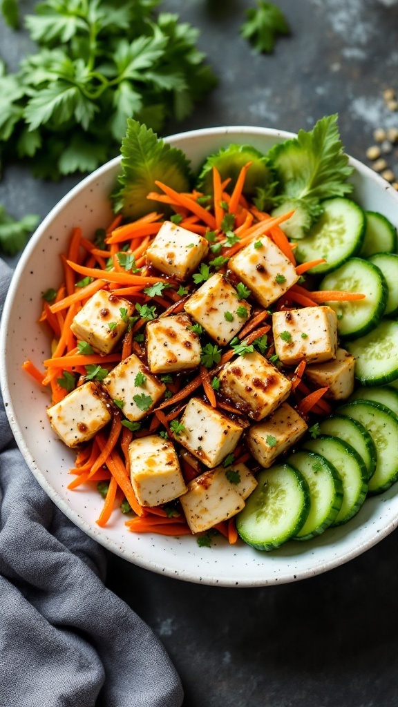 A vegetarian sushi bowl with tofu, carrots, and cucumber.
