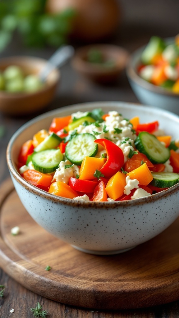 A colorful veggie packed cottage cheese bowl with fresh vegetables