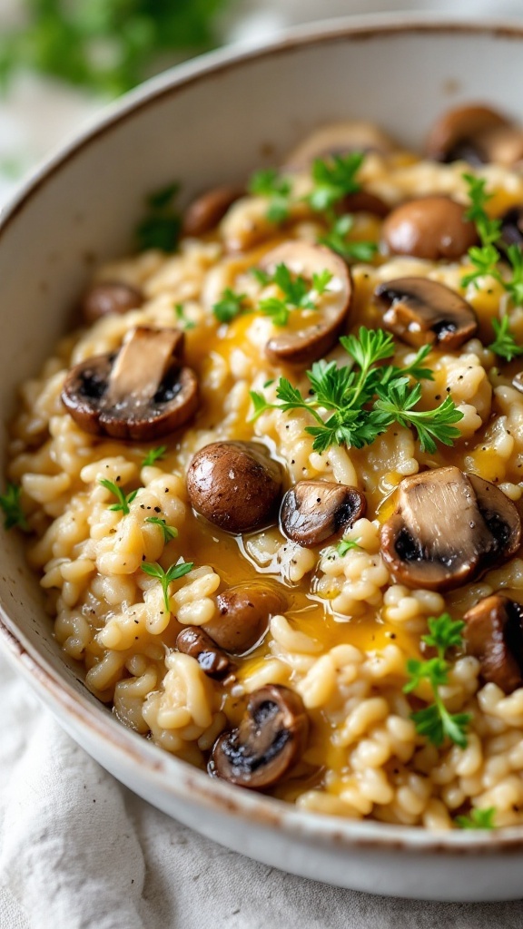 Bowl of creamy wild mushroom and truffle risotto garnished with parsley