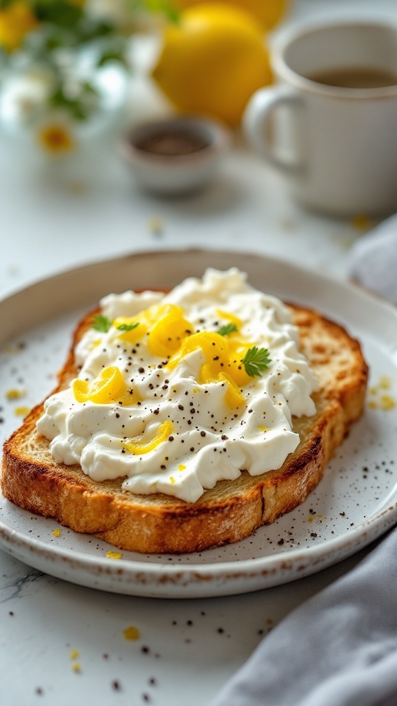 A plate of golden toast topped with cottage cheese, lemon zest, and herbs.
