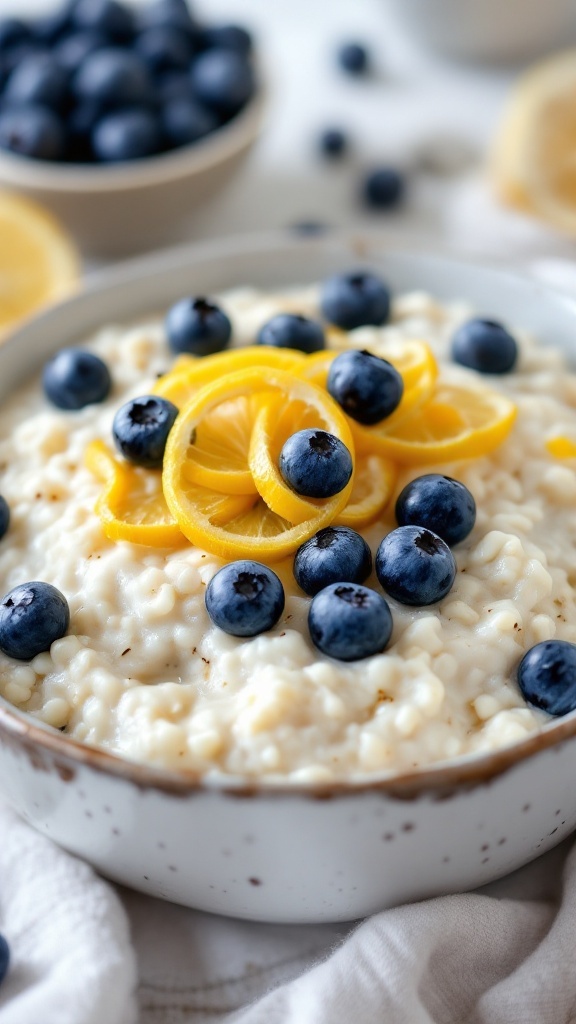 Bowl of zesty lemon cottage cheese oats topped with blueberries and lemon slices