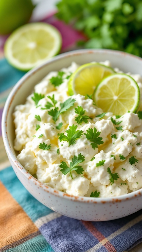 A refreshing cottage cheese bowl topped with cilantro and lime slices.