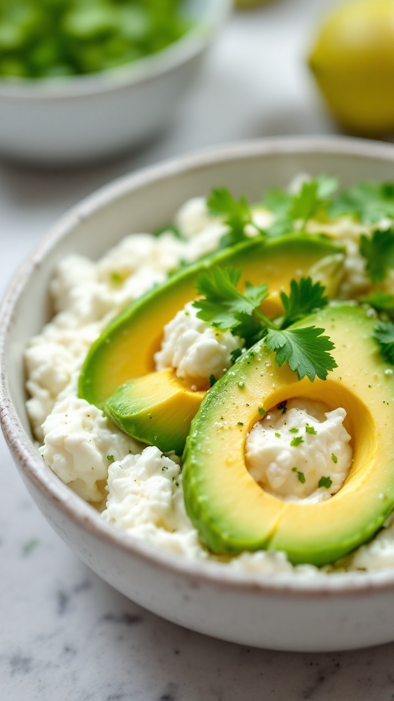 A bowl of cottage cheese topped with avocado slices and garnished with cilantro.