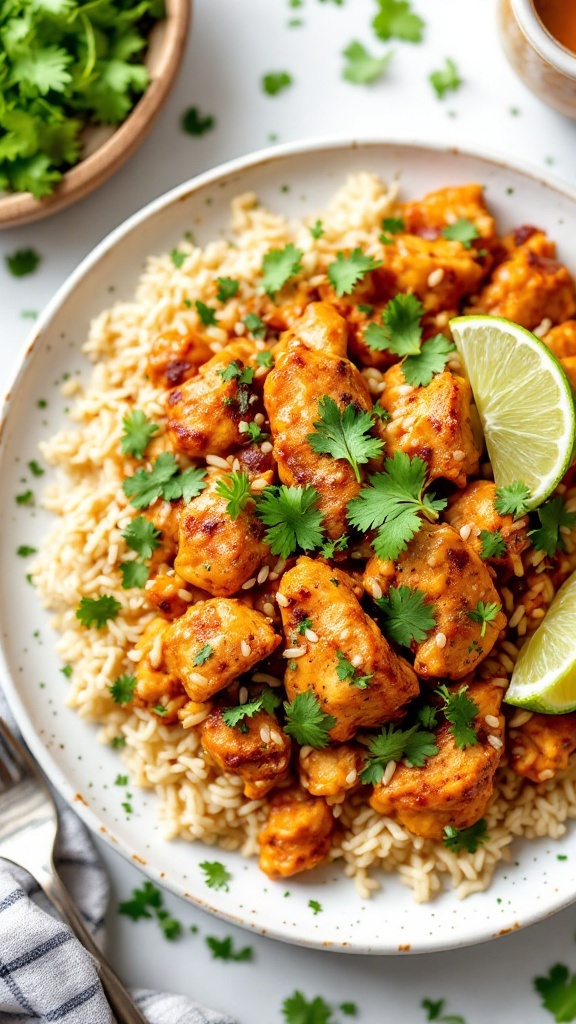 A delicious plate of zesty Mexican chicken and rice garnished with cilantro and lime