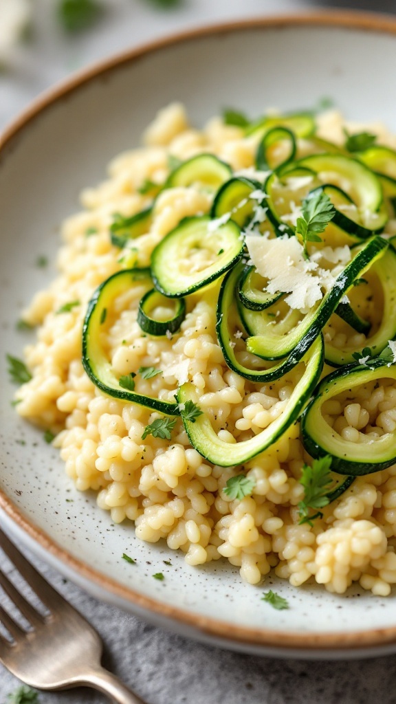A delicious bowl of zucchini and Parmesan risotto topped with fresh herbs.