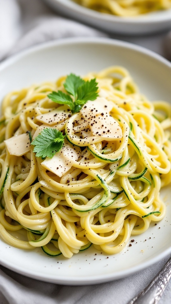 A delicious plate of Zucchini Noodle Alfredo topped with parsley.
