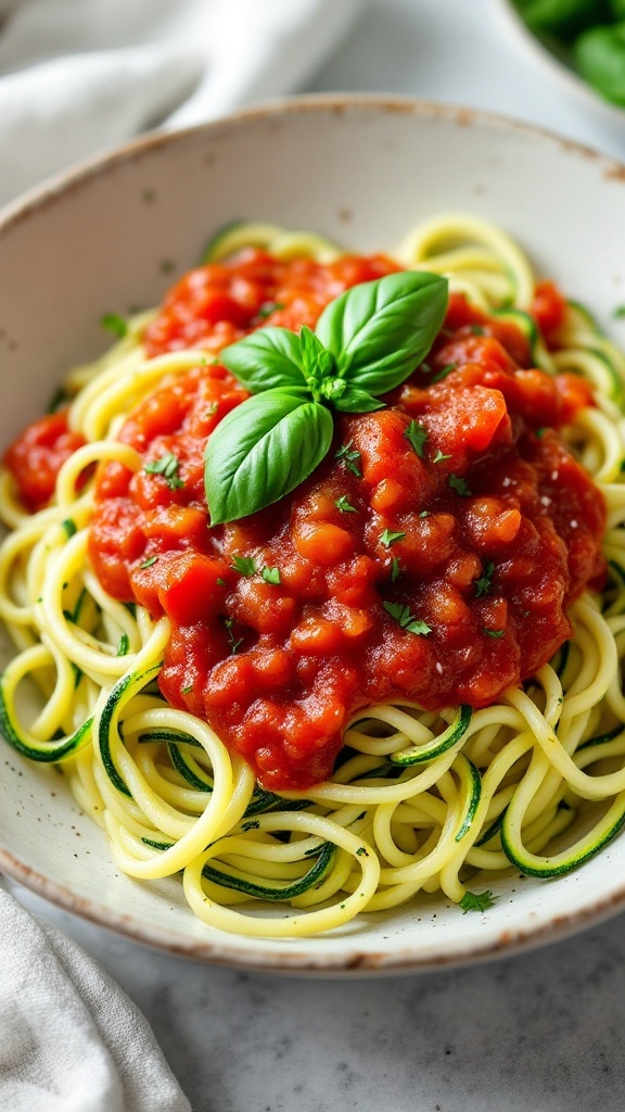 Zucchini noodles topped with marinara sauce and fresh basil