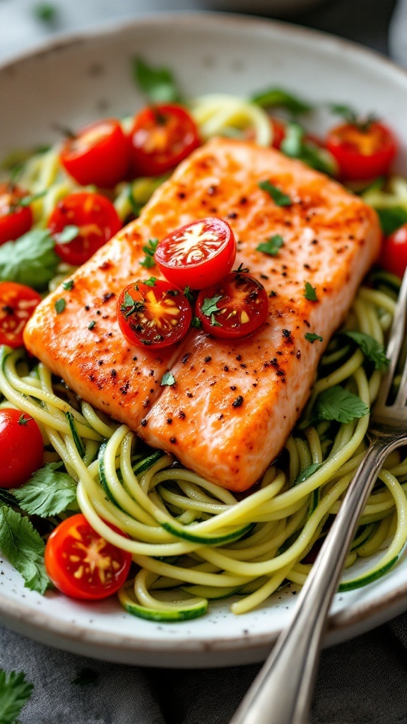 A plate of zucchini noodles topped with salmon and cherry tomatoes