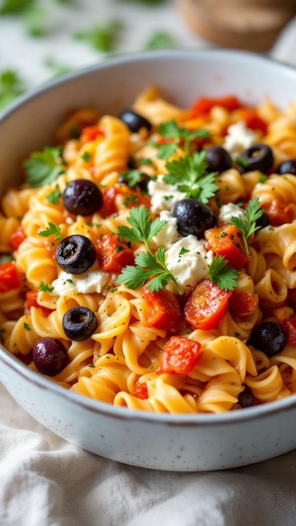 A bowl of Mediterranean cottage cheese pasta bake with olives, tomatoes, and herbs.